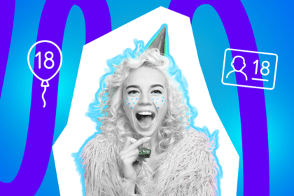 Eine fröhlich lachende junge Frau mit Partyhut hält eine Pfeife vor dem Mund, umgeben von Symbolen für den 18. Geburtstag vor blau-violettem Hintergrund.