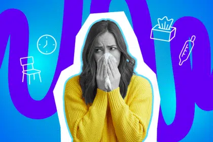 Junge Frau im gelben Pullover hält sich ein Taschentuch vor die Nase und wirkt erkältet; bunte Symbole wie Uhr, Stuhl, Taschentücherbox und Thermometer umgeben sie.