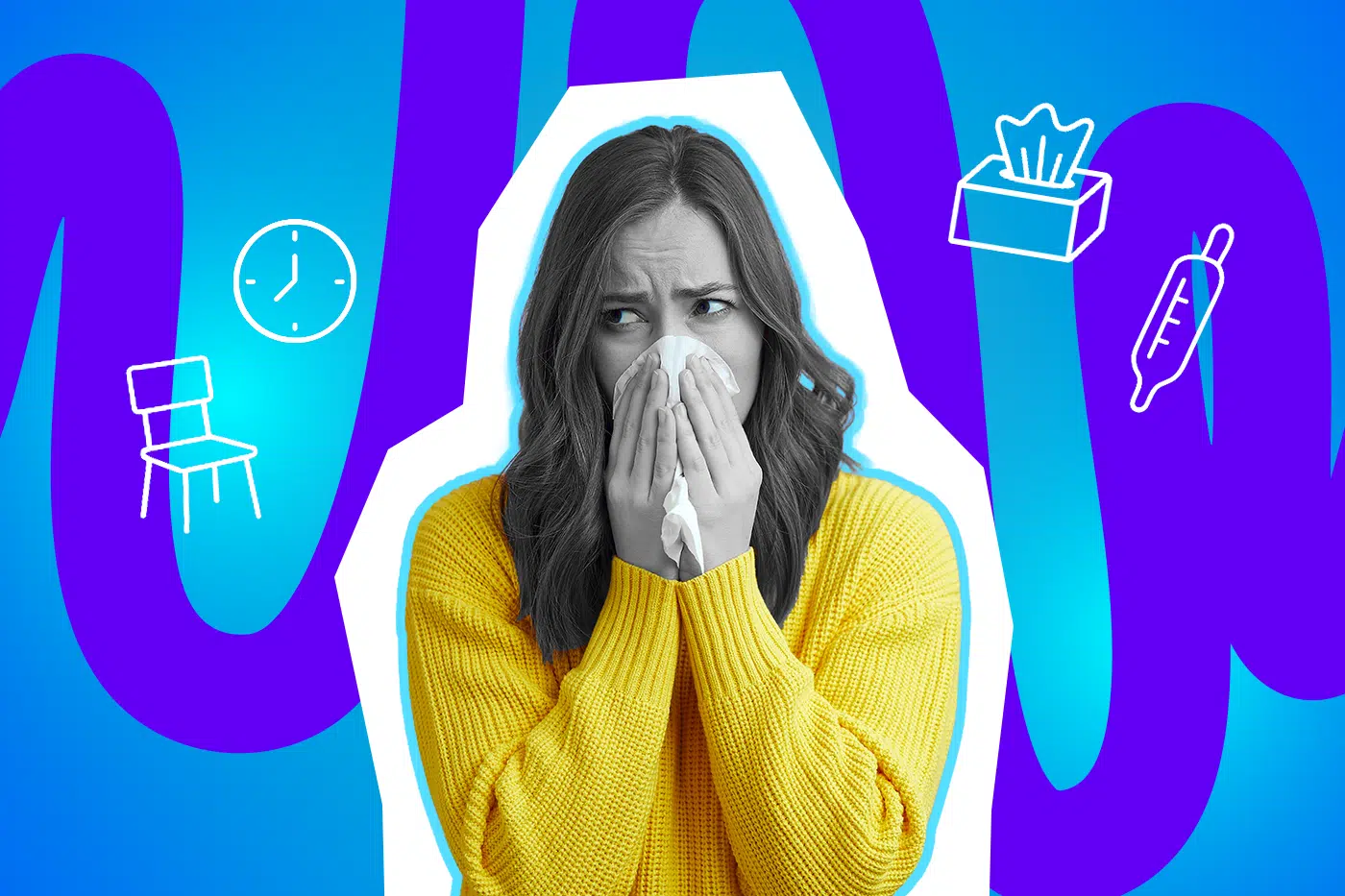 Junge Frau im gelben Pullover hält sich ein Taschentuch vor die Nase und wirkt erkältet; bunte Symbole wie Uhr, Stuhl, Taschentücherbox und Thermometer umgeben sie.