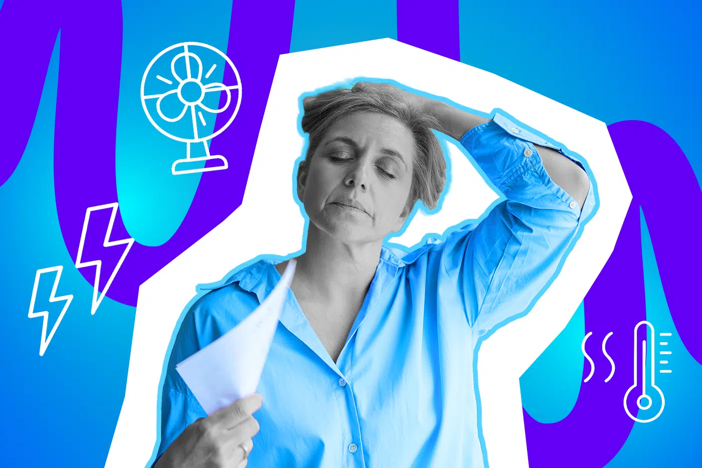 Frau fächelt sich erschöpft Luft zu und wirkt überhitzt.