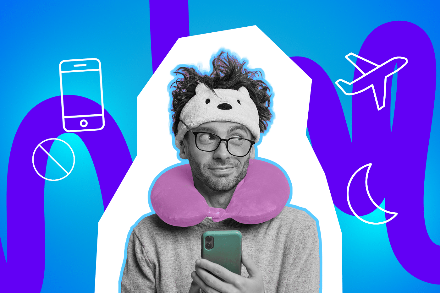 Ein Mann mit Schlafmaske, Nackenkissen und Smartphone schaut nachdenklich zur Seite, umgeben von Symbolen für Flugmodus, Reisen und Nacht.