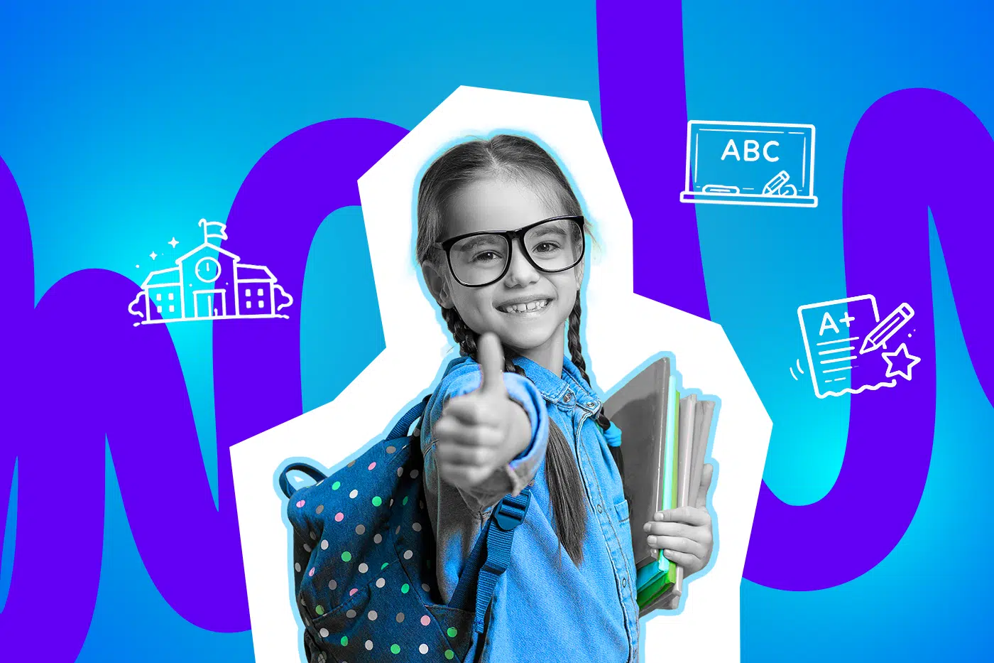 Ein fröhliches Schulkind mit Rucksack und Büchern zeigt selbstbewusst den Daumen nach oben.