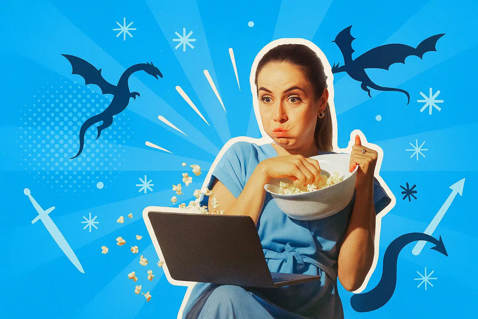 Frau mit prall gefüllten Backen sitzt mit Popcornschüssel vorm Laptop und schaut Game of Thronnes, während aus dem Bildschirm Popcorn herausfliegt; um sie herum schweben weiße Schneesterne, Schwerter und dunkelblaue Drachen-Silhouetten auf einem strahlenden blau-türkisen Farbverlauf.