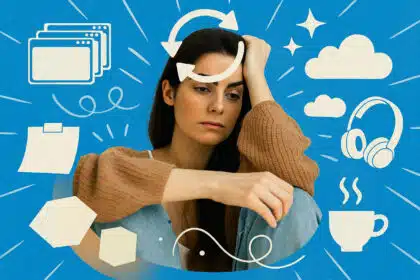 Frau sitzt erschöpft da und starrt ins Leere, während Gedanken und Symbole um sie kreisen – das Gedankenkarussell dreht sich weiter.