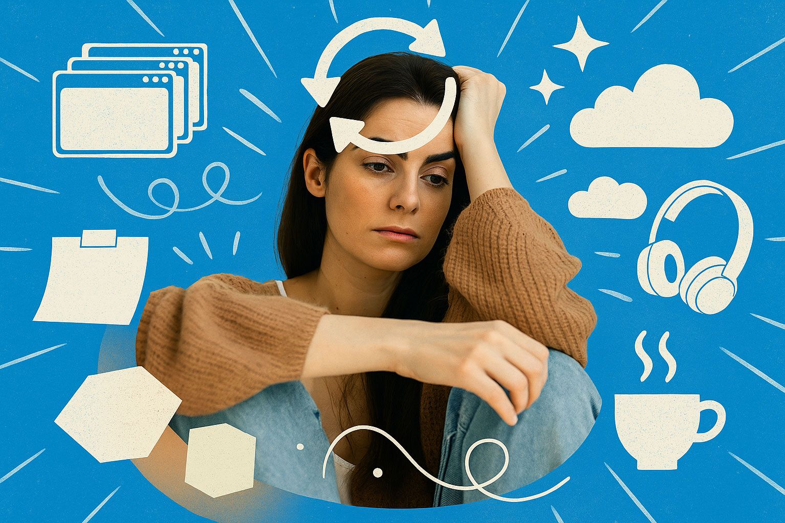 Frau sitzt erschöpft da und starrt ins Leere, während Gedanken und Symbole um sie kreisen – das Gedankenkarussell dreht sich weiter.