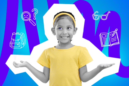 Kind schaut ratlos und hält die Arme fragend hoch; Symbole für verlorene Schulsachen im Hintergrund.