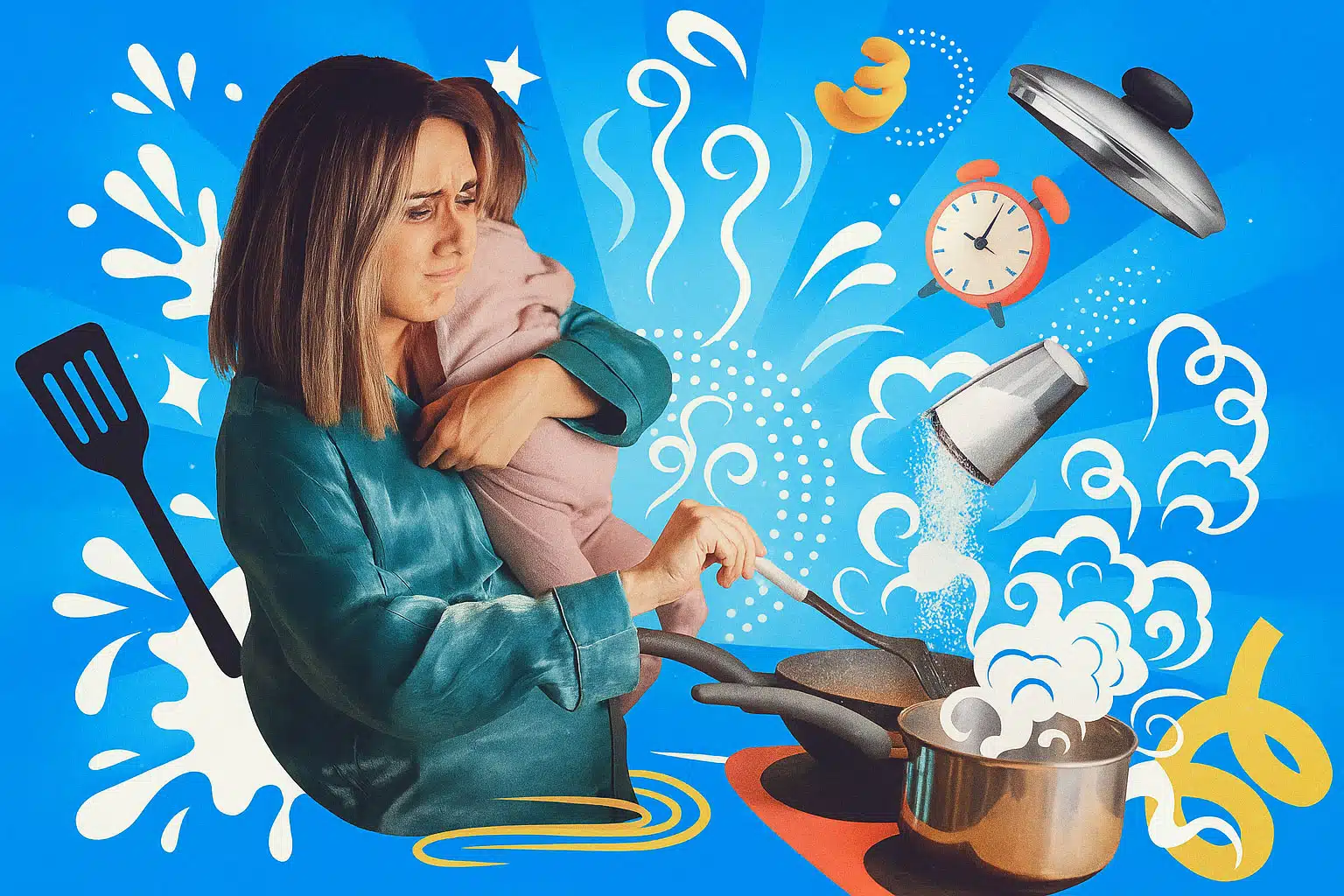 Mutter kocht mit müdem Blick und Kind auf dem Arm, während um sie herum Chaos aus Pfannen, Nudeln und Dampf explodiert – echtes Familienküchenleben eben.