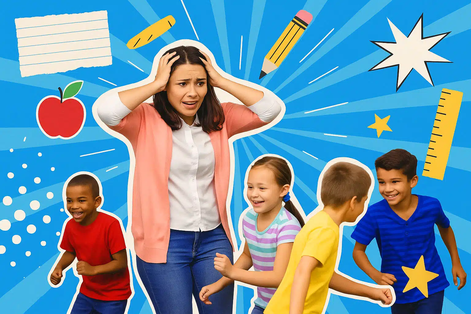 Eine überforderte Lehrerin greift sich inmitten tobender Grundschulkinder an den Kopf.