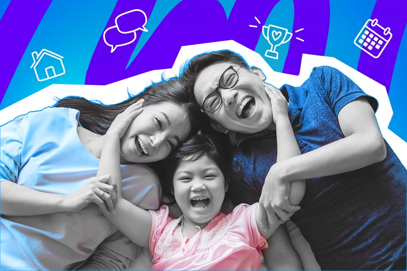 Pop-Art-Illustration einer glücklichen Familie, die lachend zusammenliegt und die unvorhersehbaren, aber unterhaltsamen Momente des Elternseins darstellt. Schwarz-Weiß-Haut und bunte Kleidung. Ideal für Beiträge über Familienleben, Erziehung, Elternglück und kindliche Abenteuer.