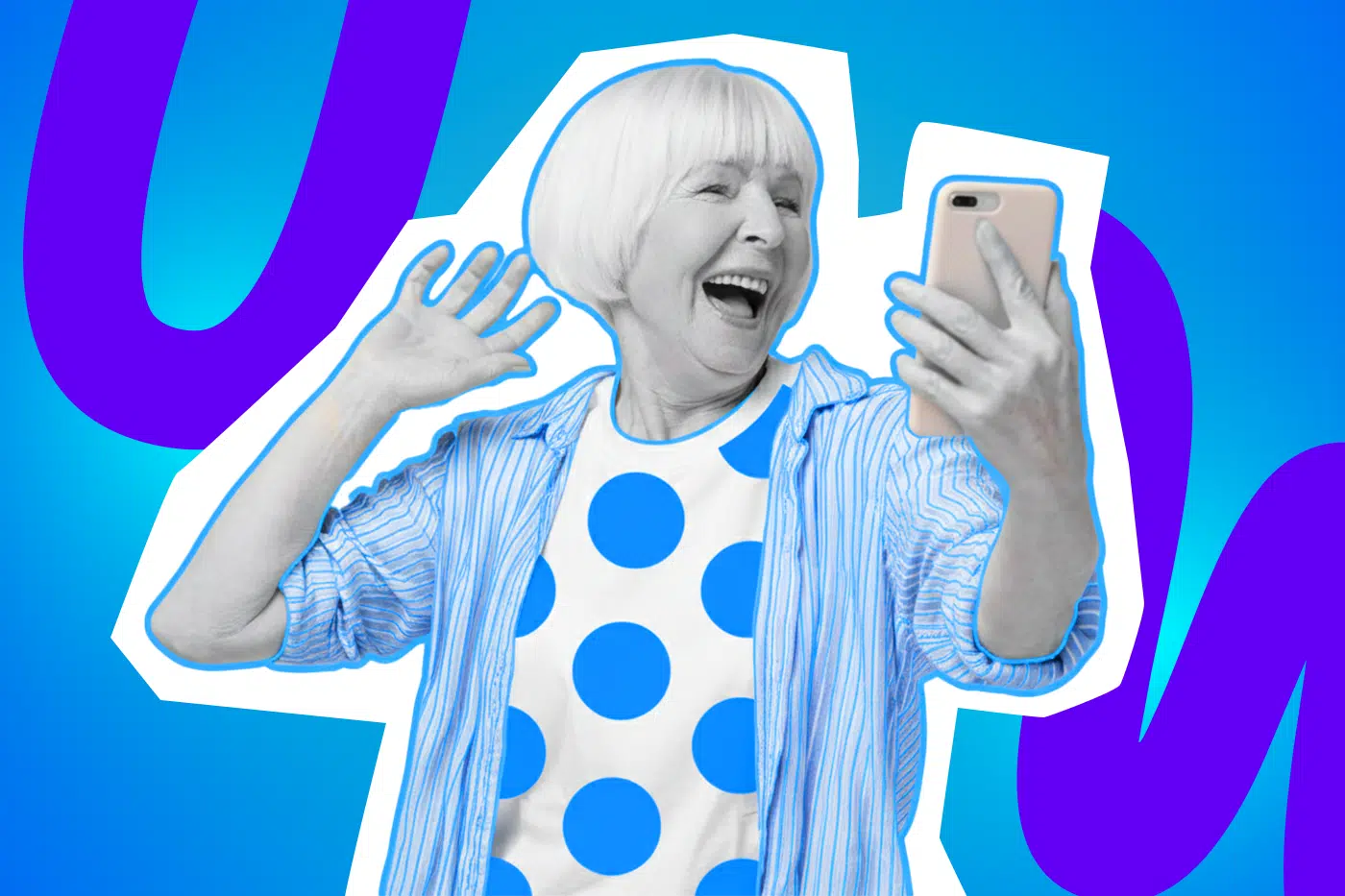 Pop-Art-Illustration einer fröhlichen älteren Frau, die ein Selfie macht oder chattet, um den Begriff "No Brainer" und die Einfachheit von Entscheidungen zu verdeutlichen. Schwarz-Weiß-Haut, gestreifte Hemdjacke und Polka-Dot-T-Shirt. Relevant für Themen wie Gen Z, Slang, einfache Entscheidungen und Technologie.