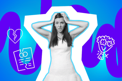 Gestresste Frau im Hochzeitskleid hält sich den Kopf, umgeben von Symbolen für gebrochenes Herz, zerrissenes Dokument und Blumenstrauß.