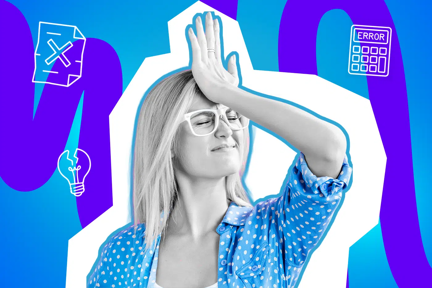 Person schlägt sich die Hand an die Stirn, frustriert über einen Fehler; im Hintergrund Symbole für „Error“ und Missgeschick.
