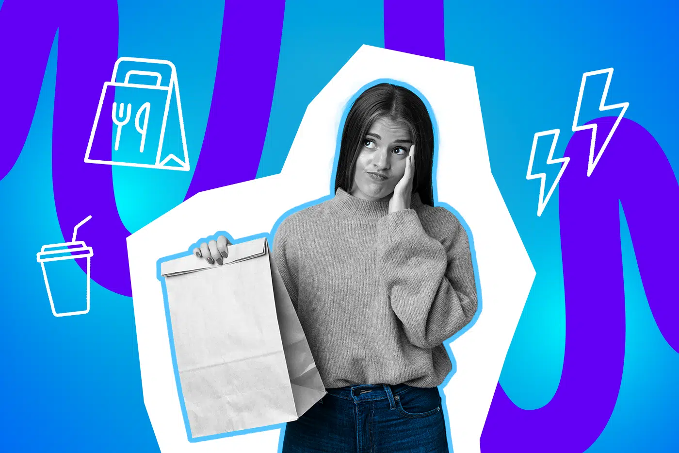 Frau hält eine leere Papiertüte hoch und schaut bedrückt zur Seite.“