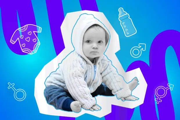 Pop-Art-Illustration eines Babys, das einen Pullover mit Kapuze trägt. Schwarz-Weiß-Gesicht und bunte Kleidung. Umgeben von Icons wie ein Pullover mit Herzen, Babyflasche, Geschlechter Icons. Ideal für Beiträge über Kinderkleidung und Geschlechter Stereotype