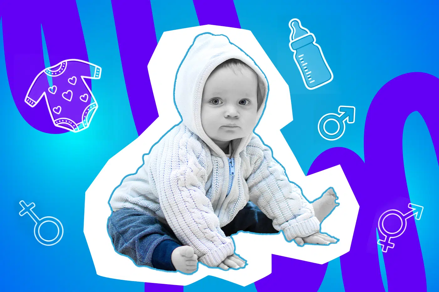 Pop-Art-Illustration eines Babys, das einen Pullover mit Kapuze trägt. Schwarz-Weiß-Gesicht und bunte Kleidung. Umgeben von Icons wie ein Pullover mit Herzen, Babyflasche, Geschlechter Icons. Ideal für Beiträge über Kinderkleidung und Geschlechter Stereotype
