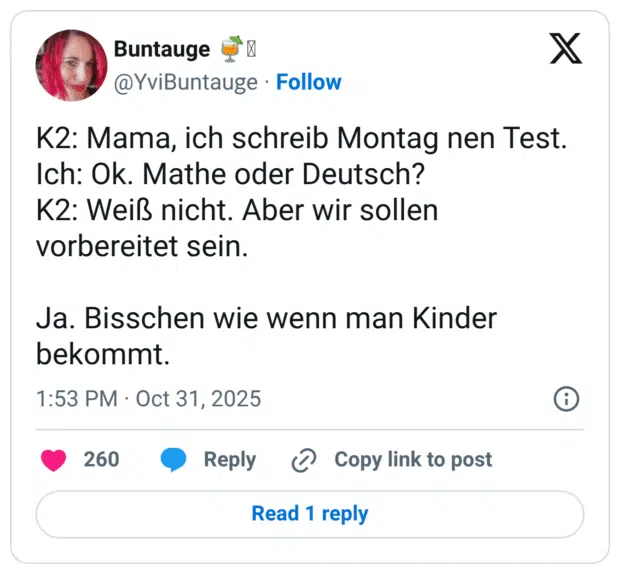 K2: Mama, ich schreib Montag nen Test. Ich: Ok. Mathe oder Deutsch? K2: Weiß nicht. Aber wir sollen vorbereitet sein. Ja. Bisschen wie wenn man Kinder bekommt.