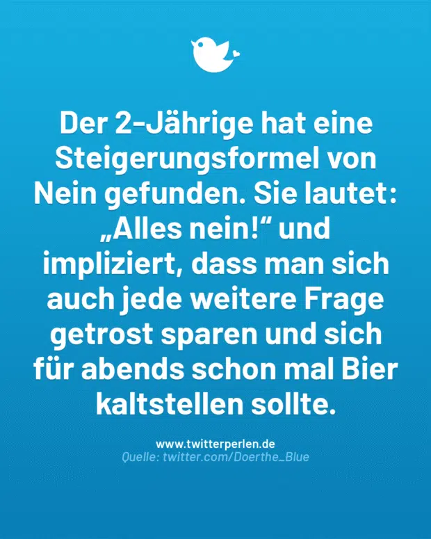 Der 2-Jährige hat eine Steigerungsformel von Nein gefunden. Sie lautet: „Alles nein!“ und impliziert, dass man sich auch jede weitere Frage getrost sparen und sich für abends schon mal Bier kaltstellen sollte.