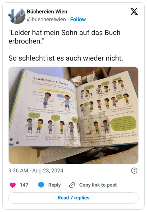 "Leider hat mein Sohn auf das Buch erbrochen." So schlecht ist es auch wieder nicht.
