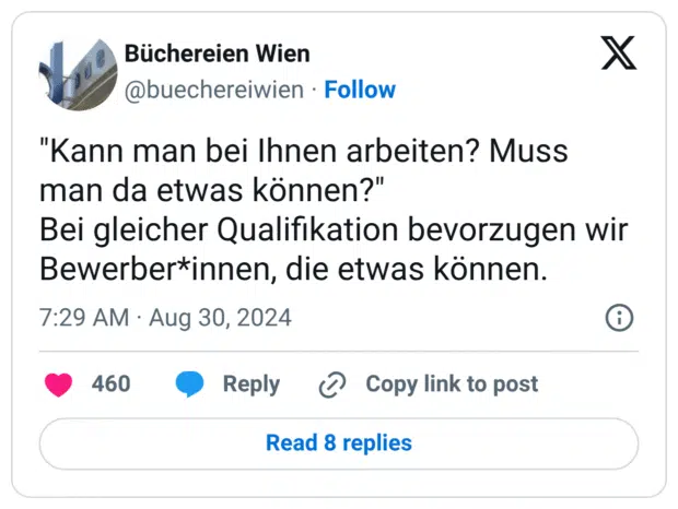 "Kann man bei Ihnen arbeiten? Muss man da etwas können?" Bei gleicher Qualifikation bevorzugen wir Bewerber*innen, die etwas können.