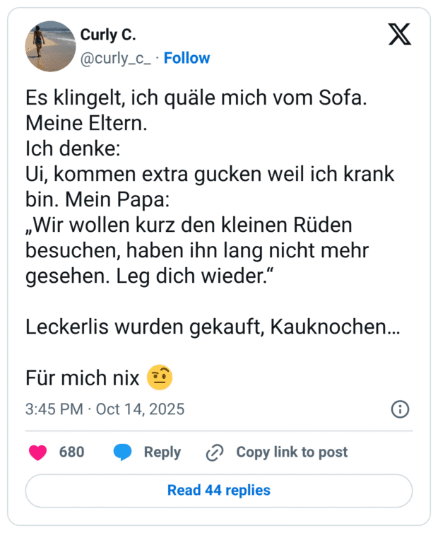 Es klingelt, ich quäle mich vom Sofa. Meine Eltern. Ich denke: Ui, kommen extra gucken weil ich krank bin. Mein Papa: „Wir wollen kurz den kleinen Rüden besuchen, haben ihn lang nicht mehr gesehen. Leg dich wieder.“ Leckerlis wurden gekauft, Kauknochen… Für mich nix 🤨
