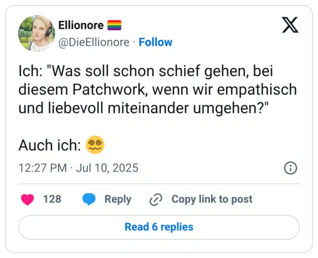 Ich: "Was soll schon schief gehen, bei diesem Patchwork, wenn wir empathisch und liebevoll miteinander umgehen?" Auch ich: :gesicht_mit_spiralaugen:
