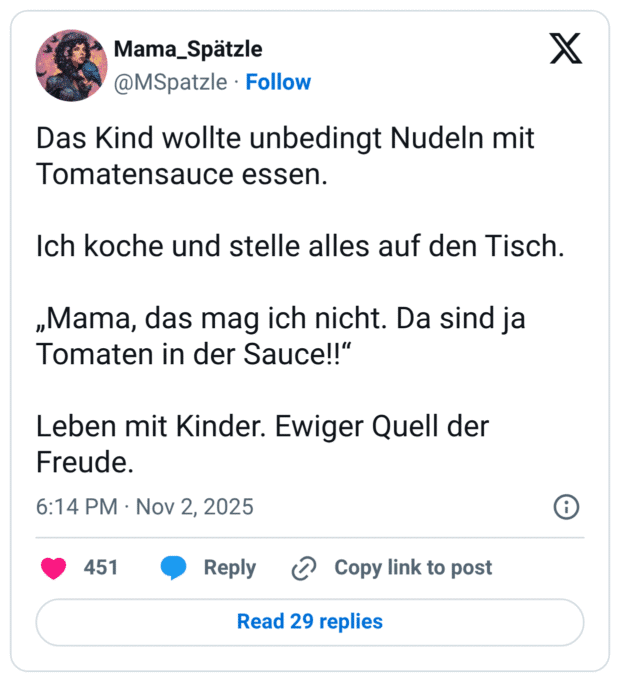 Das Kind wollte unbedingt Nudeln mit Tomatensauce essen. Ich koche und stelle alles auf den Tisch. „Mama, das mag ich nicht. Da sind ja Tomaten in der Sauce!!“ Leben mit Kinder. Ewiger Quell der Freude.