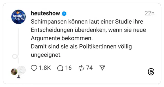 Schimpansen können laut einer Studie ihre Entscheidungen überdenken, wenn sie neue Argumente bekommen. Damit sind sie als Politiker:innen völlig ungeeignet.