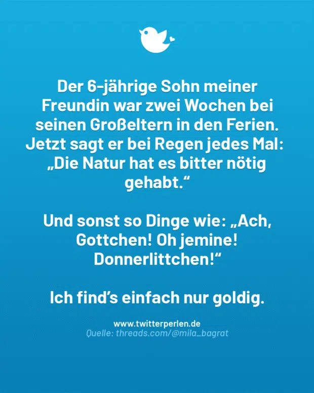 Der 6-jährige Sohn meiner Freundin war zwei Wochen bei seinen Großeltern in den Ferien.
Jetzt sagt er bei Regen jedes Mal:
„Die Natur hat es bitter nötig gehabt.“
Und sonst so Dinge wie: „Ach, Gottchen! Oh jemine! Donnerlittchen!“
Ich find’s einfach nur goldig.