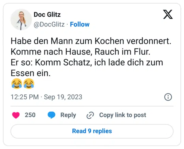 Habe den Mann zum Kochen verdonnert. Komme nach Hause, Rauch im Flur. Er so: Komm Schatz, ich lade dich zum Essen ein. 😂😂