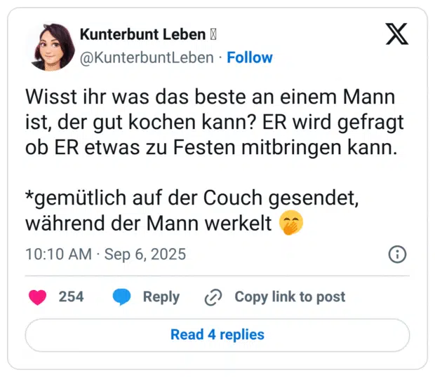 Wisst ihr was das beste an einem Mann ist, der gut kochen kann? ER wird gefragt ob ER etwas zu Festen mitbringen kann. *gemütlich auf der Couch gesendet, während der Mann werkelt 🤭