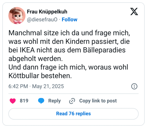 Manchmal sitze ich da und frage mich, was wohl mit den Kindern passiert, die bei IKEA nicht aus dem Bälleparadies abgeholt werden. Und dann frage ich mich, woraus wohl Köttbullar bestehen.