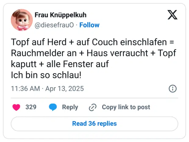 Topf auf Herd + auf Couch einschlafen = Rauchmelder an + Haus verraucht + Topf kaputt + alle Fenster auf Ich bin so schlau!