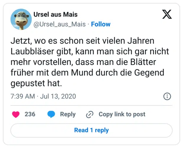 Jetzt, wo es schon seit vielen Jahren Laubbläser gibt, kann man sich gar nicht mehr vorstellen, dass man die Blätter früher mit dem Mund durch die Gegend gepustet hat.