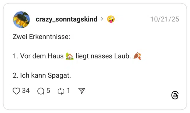 Zwei Erkenntnisse: 1. Vor dem Haus 🏡 liegt nasses Laub. 🍂 2. Ich kann Spagat.
