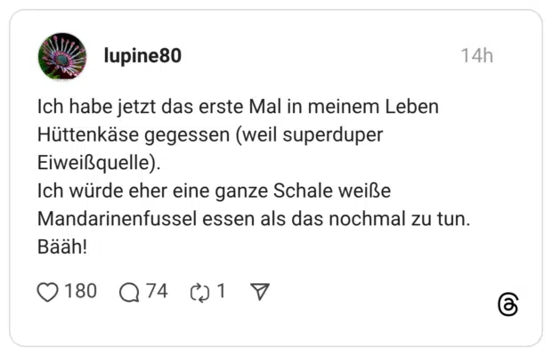 Ich habe jetzt das erste Mal in meinem Leben Hüttenkäse gegessen (weil superduper Eiweißquelle). Ich würde eher eine ganze Schale weiße Mandarinenfussel essen als das nochmal zu tun. Bääh!
