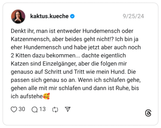 Denkt ihr, man ist entweder Hundemensch oder Katzenmensch, aber beides geht nicht!? Ich bin ja eher Hundemensch und habe jetzt aber auch noch 2 Kitten dazu bekommen... dachte eigentlich Katzen sind Einzelgänger, aber die folgen mir genauso auf Schritt und Tritt wie mein Hund. Die passen sich genau so an. Wenn ich schlafen gehe, gehen alle mit mir schlafen und dann ist Ruhe, bis ich aufstehe:lächelndes_gesicht_mit_3_herzen: