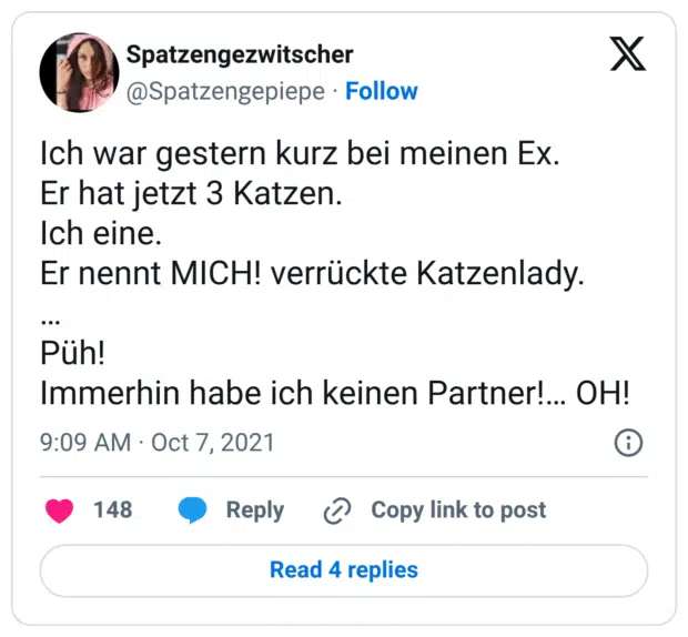 Ich war gestern kurz bei meinen Ex. Er hat jetzt 3 Katzen. Ich eine. Er nennt MICH! verrückte Katzenlady. … Püh! Immerhin habe ich keinen Partner!… OH!