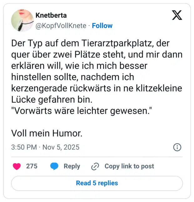 Der Typ auf dem Tierarztparkplatz, der quer über zwei Plätze steht, und mir dann erklären will, wie ich mich besser hinstellen sollte, nachdem ich kerzengerade rückwärts in ne klitzekleine Lücke gefahren bin. "Vorwärts wäre leichter gewesen." Voll mein Humor.