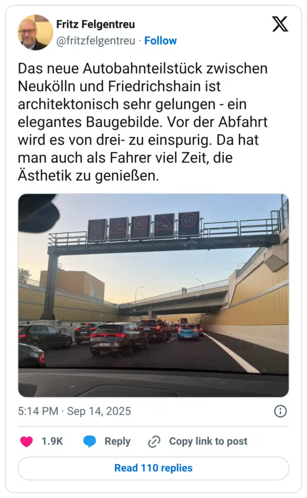 Das neue Autobahnteilstück zwischen Neukölln und Friedrichshain ist architektonisch sehr gelungen - ein elegantes Baugebilde. Vor der Abfahrt wird es von drei- zu einspurig. Da hat man auch als Fahrer viel Zeit, die Ästhetik zu genießen.