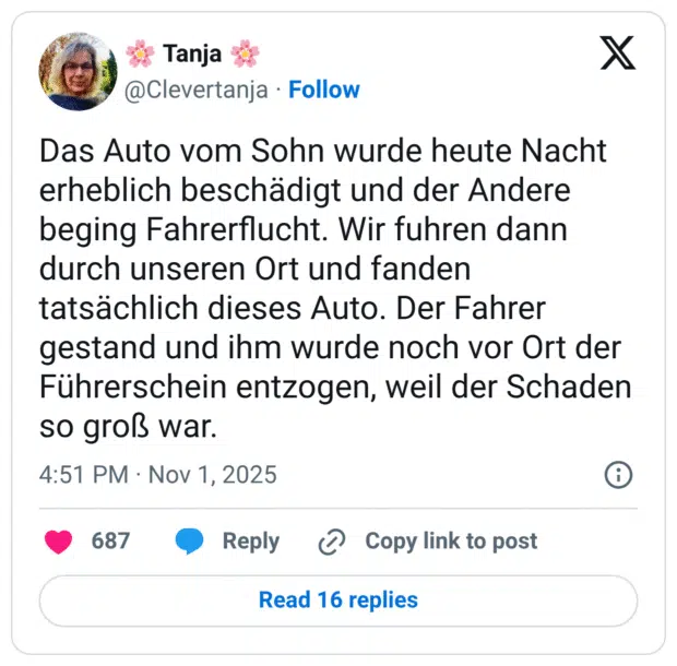 Das Auto vom Sohn wurde heute Nacht erheblich beschädigt und der Andere beging Fahrerflucht. Wir fuhren dann durch unseren Ort und fanden tatsächlich dieses Auto. Der Fahrer gestand und ihm wurde noch vor Ort der Führerschein entzogen, weil der Schaden so groß war.