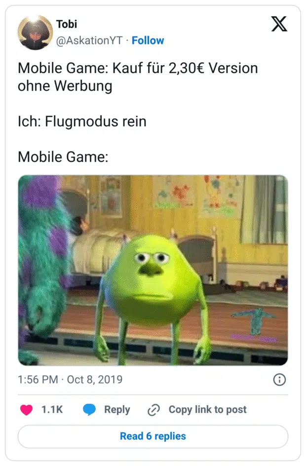 Mobile Game: Kauf für 2,30€ Version ohne Werbung Ich: Flugmodus rein Mobile Game: