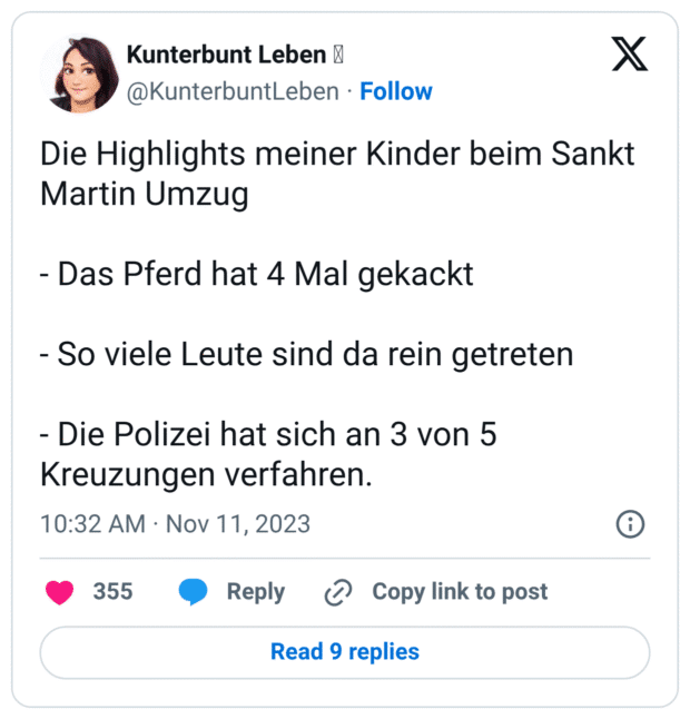 Die Highlights meiner Kinder beim Sankt Martin Umzug - Das Pferd hat 4 Mal gekackt - So viele Leute sind da rein getreten - Die Polizei hat sich an 3 von 5 Kreuzungen verfahren.