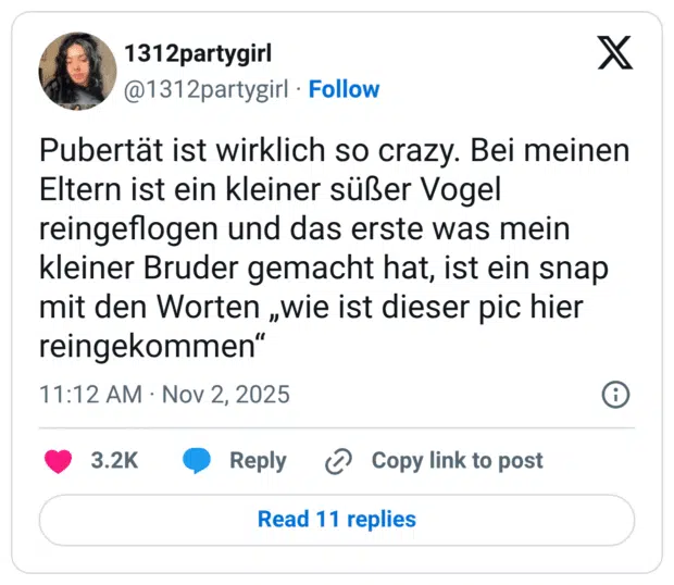 Pubertät ist wirklich so crazy. Bei meinen Eltern ist ein kleiner süßer Vogel reingeflogen und das erste was mein kleiner Bruder gemacht hat, ist ein snap mit den Worten „wie ist dieser pic hier reingekommen“