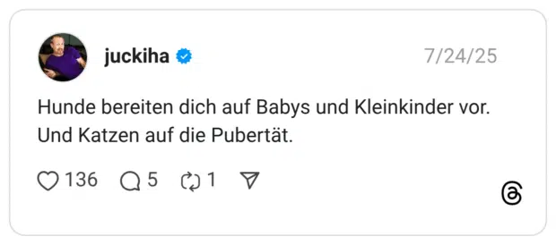 Hunde bereiten dich auf Babys und Kleinkinder vor. Und Katzen auf die Pubertät.