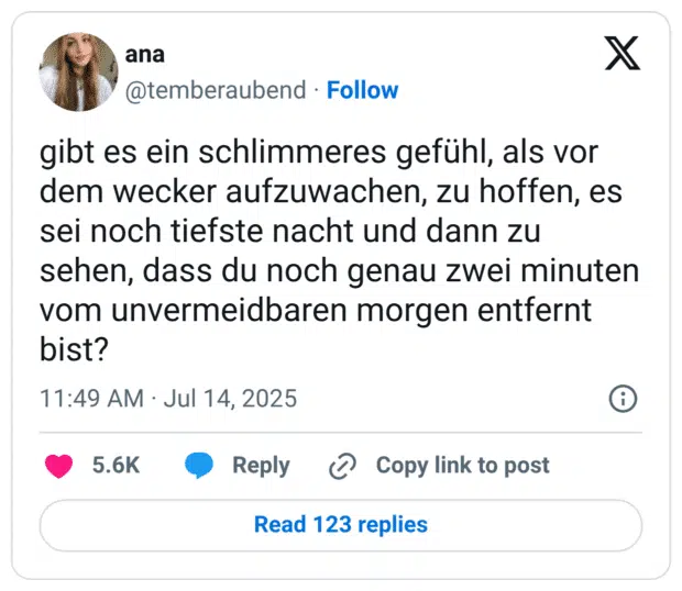 gibt es ein schlimmeres gefühl, als vor dem wecker aufzuwachen, zu hoffen, es sei noch tiefste nacht und dann zu sehen, dass du noch genau zwei minuten vom unvermeidbaren morgen entfernt bist?