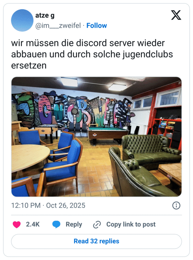 wir müssen die discord server wieder abbauen und durch solche jugendclubs ersetzen