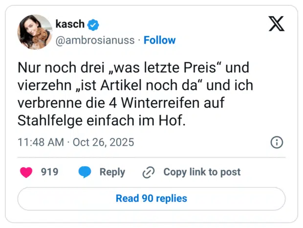 Nur noch drei „was letzte Preis“ und vierzehn „ist Artikel noch da“ und ich verbrenne die 4 Winterreifen auf Stahlfelge einfach im Hof.