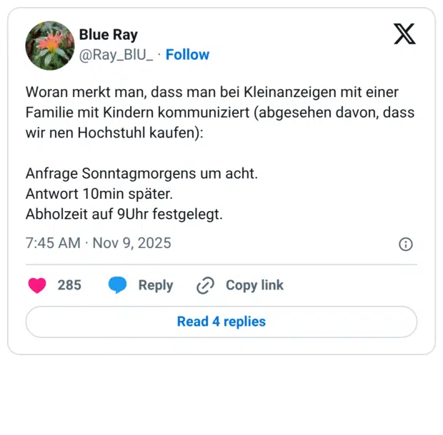 Woran merkt man, dass man bei Kleinanzeigen mit einer Familie mit Kindern kommuniziert (abgesehen davon, dass wir nen Hochstuhl kaufen): Anfrage Sonntagmorgens um acht. Antwort 10min später. Abholzeit auf 9Uhr festgelegt.