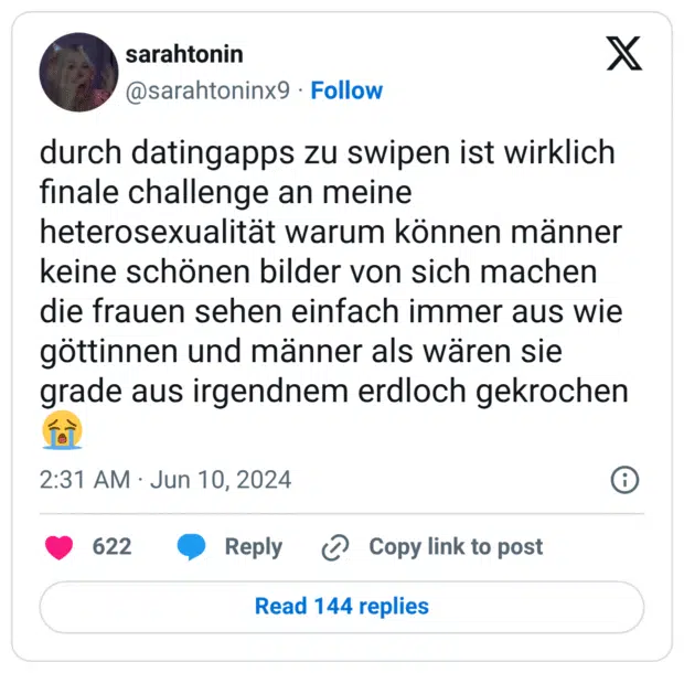 durch datingapps zu swipen ist wirklich finale challenge an meine heterosexualität warum können männer keine schönen bilder von sich machen die frauen sehen einfach immer aus wie göttinnen und männer als wären sie grade aus irgendnem erdloch gekrochen 😭