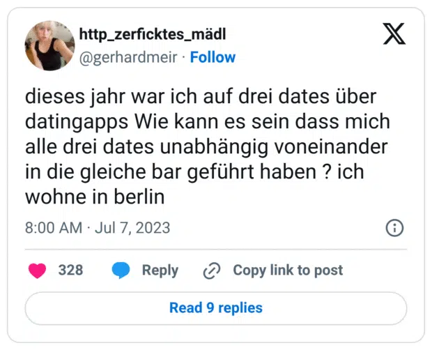 dieses jahr war ich auf drei dates über datingapps Wie kann es sein dass mich alle drei dates unabhängig voneinander in die gleiche bar geführt haben ? ich wohne in berlin